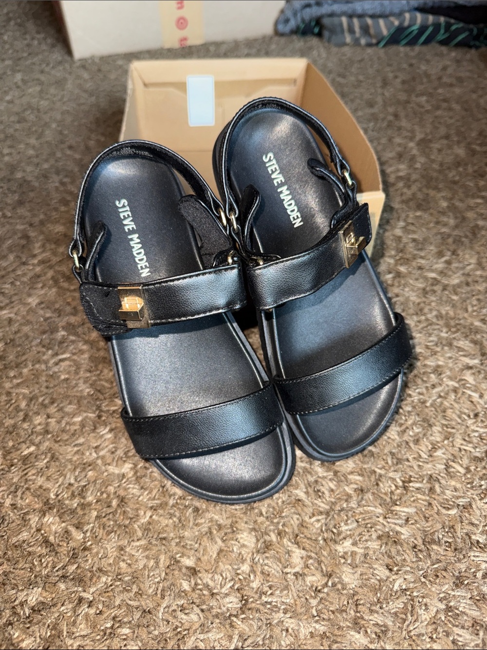 Kids Steve Madden Black Leather Double-Strap Sandals with Gold Accent